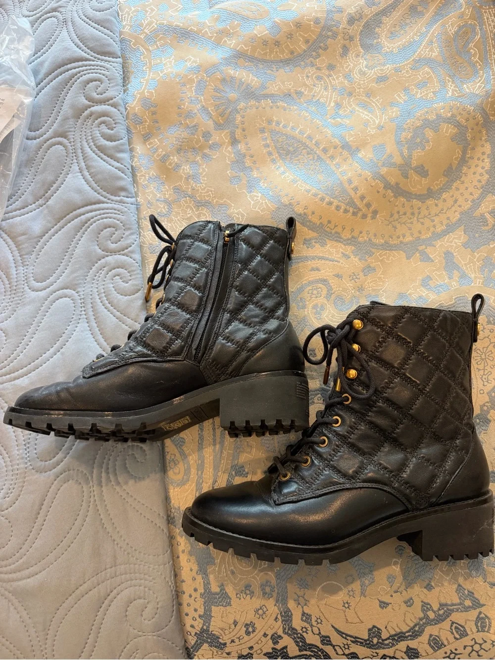 Tory Burch Black Quilted Lace-Up Ankle Boots with Gold Eyelets